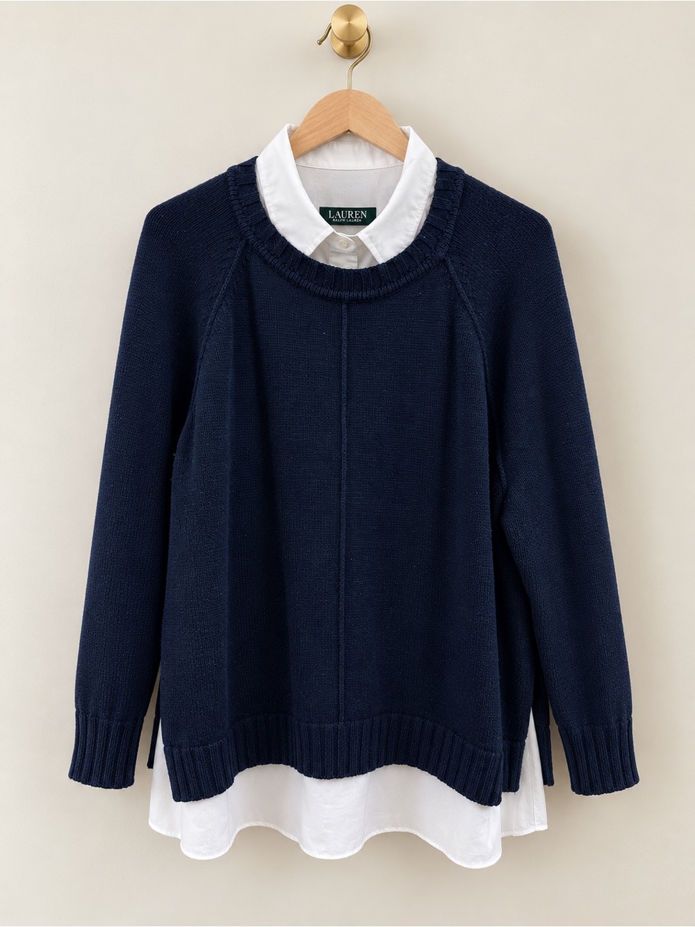 Lauren Ralph Lauren 2X Navy Blue Layered Sweater White Shirt Hem Plus Size